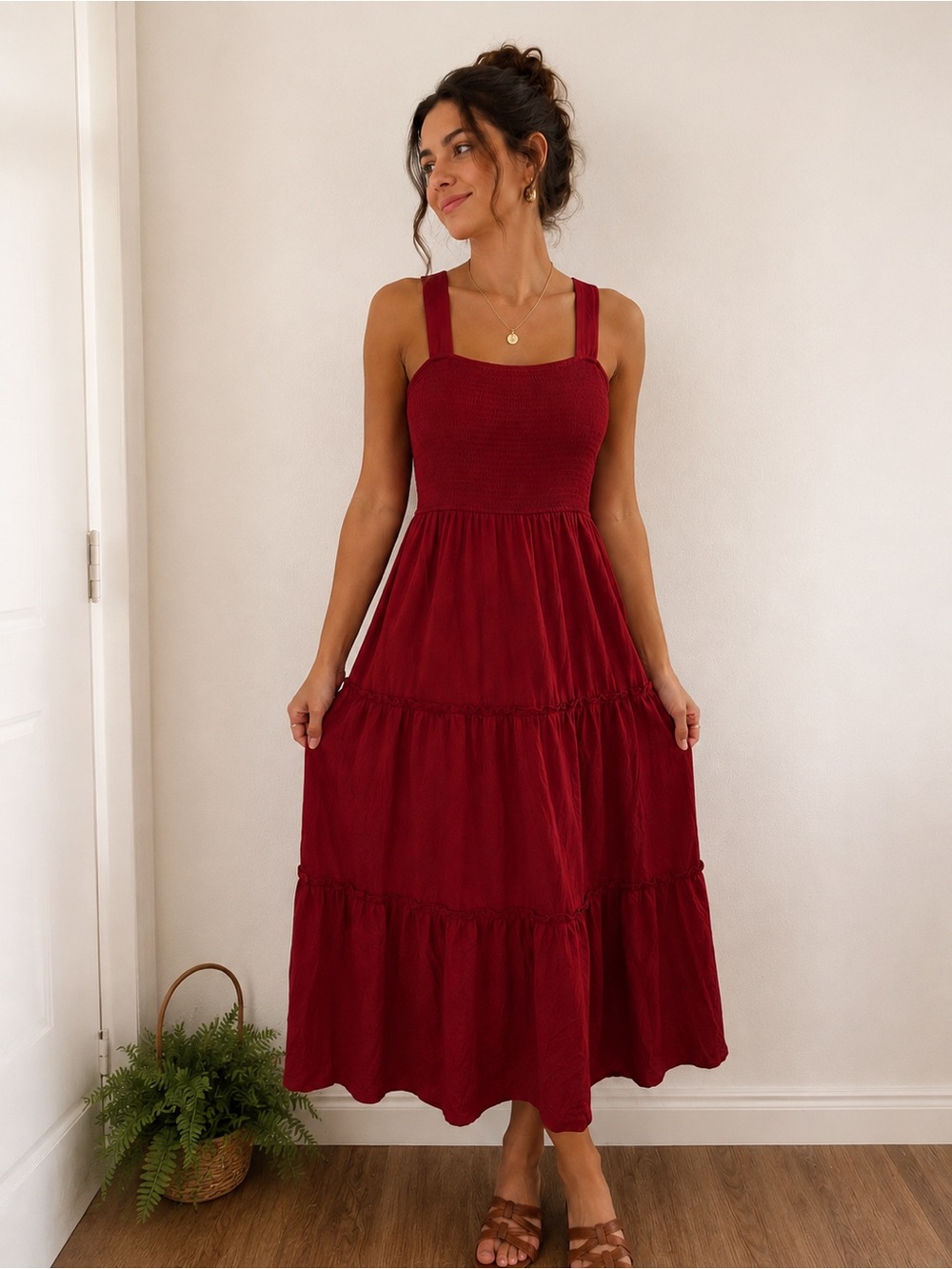 Dazign Burgundy Smocked Tiered Midi Dress Boho Cottagecore Size Small NWOT